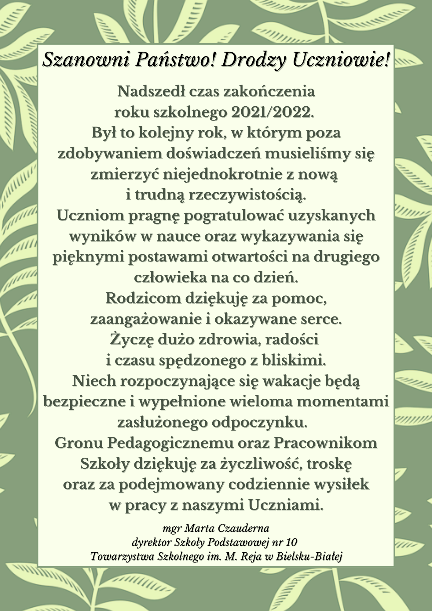 Podziękowania od Dyrektor Szkoły