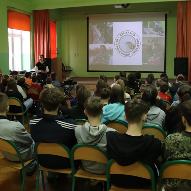 Uczniowie podczas spotkania z Panią Agnieszką z Fundacji Mysikrólik