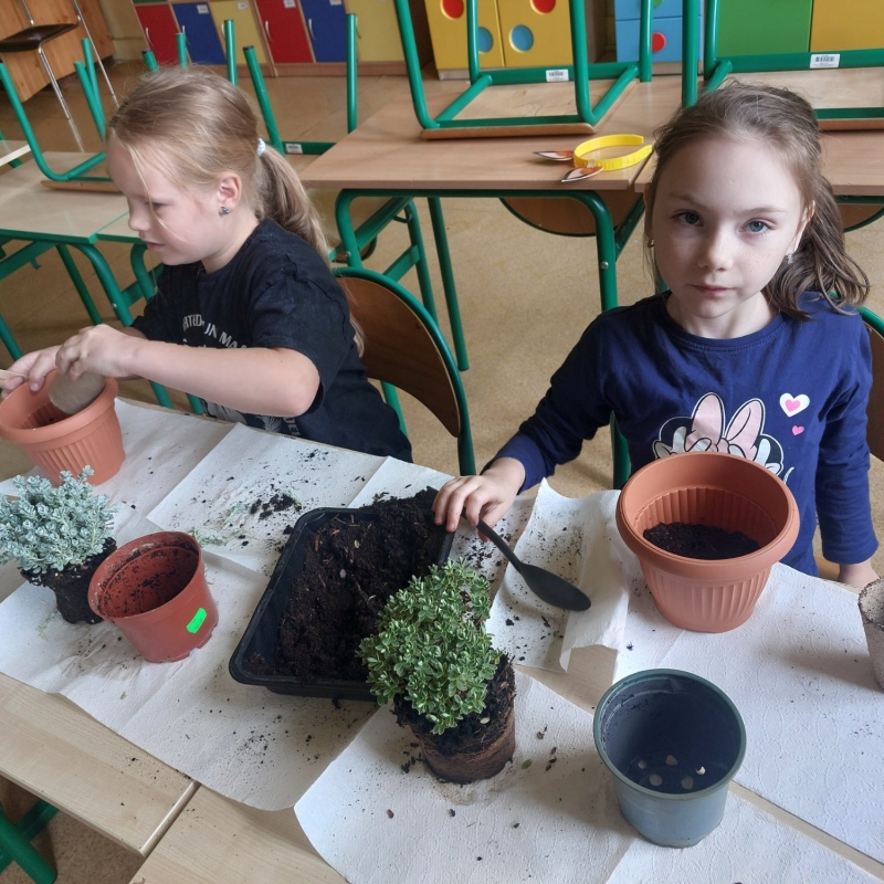 Uczniowie sadzący rośliny