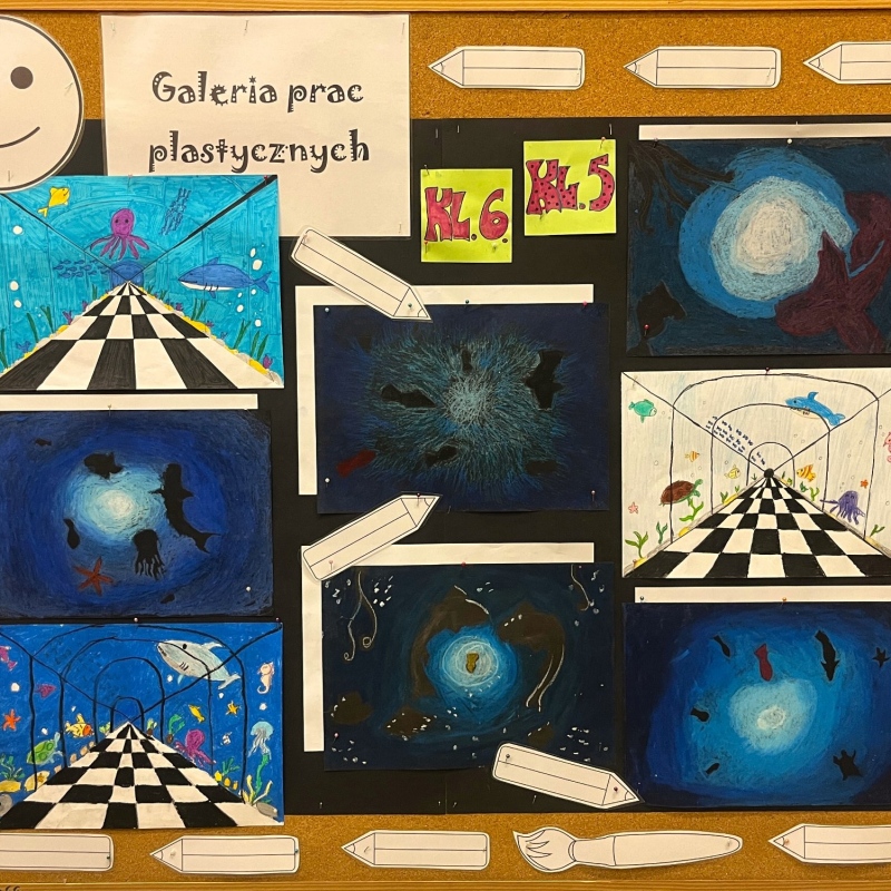 Podwodny świat-prace uczniów wykonane pastelami olejnymi