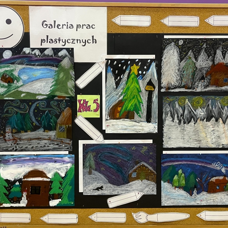 Zimowe krajobrazy-prace uczniów wykonane pastelami olejnymi
