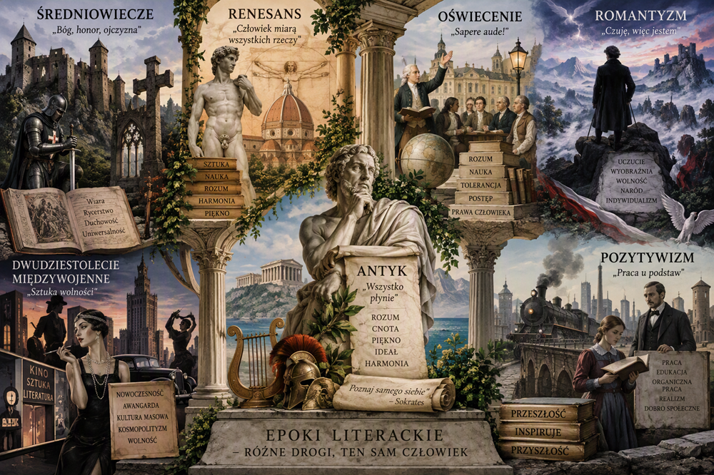 plakat wygenerowany przez AI ukazujący charakterysytczne elementy różnych epok literackich