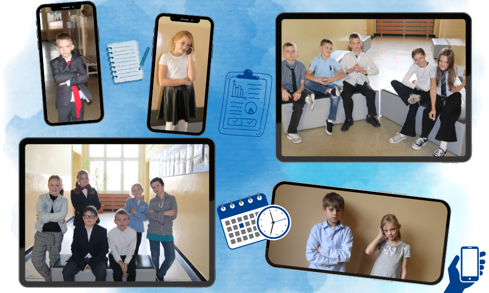 Zdjęcia uczni&oacute;w z r&oacute;żnych klas w dniu biznesmena ubranych w biznesowe stroje wg uczni&oacute;w